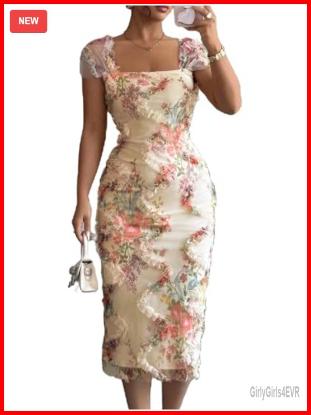 Floral Ruffle Trim Cap Sleeve Bodycon Midi Dress for Garden Party